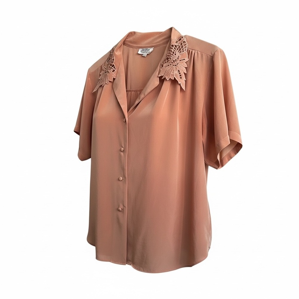 Women Romantic Peach Button Up Short Sleeve Blouse Office Core Lace‎ Collar Sz M